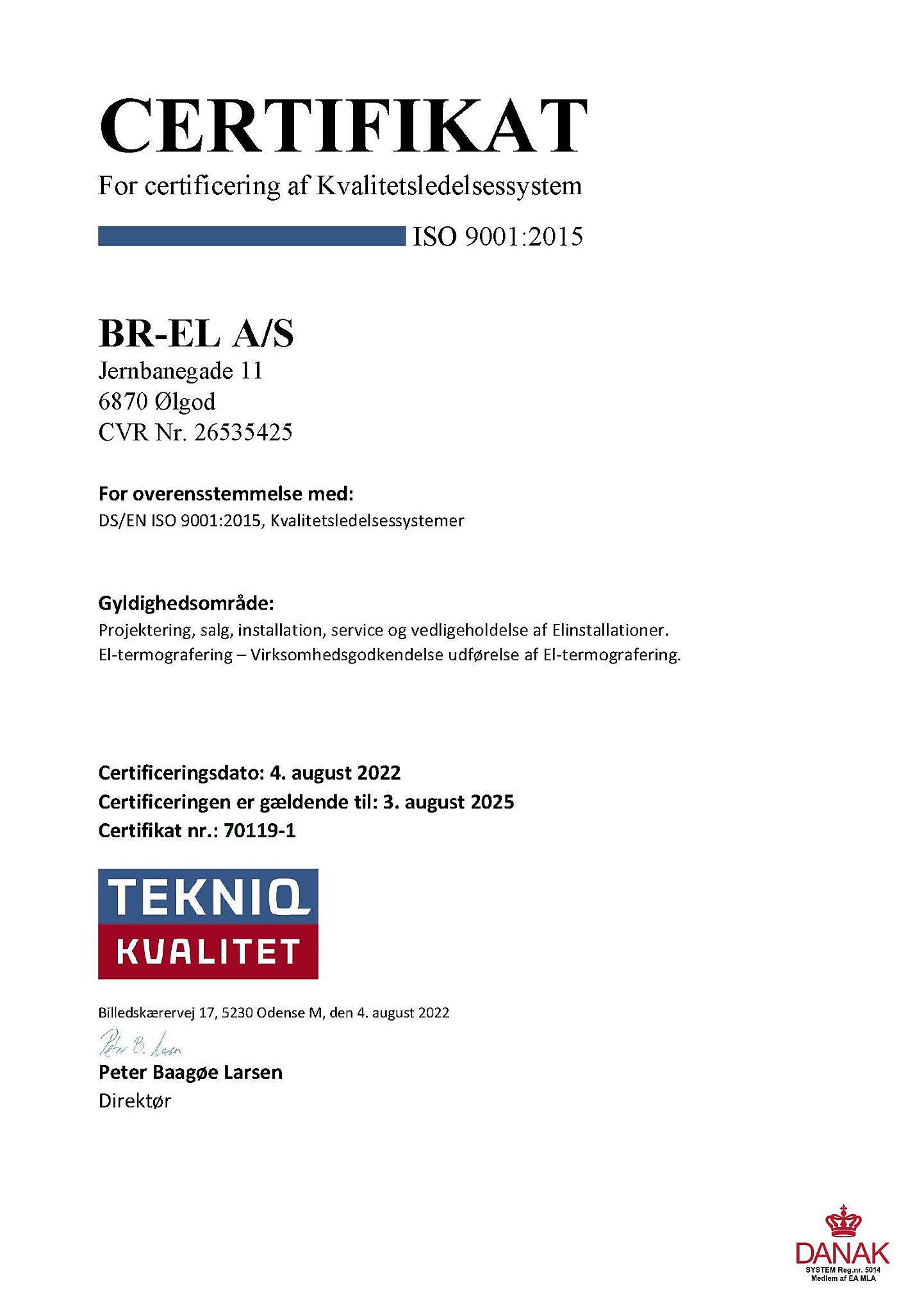 ISO 9001 - Certifikat - ID 70119 BR-EL AS - 3. august 2022